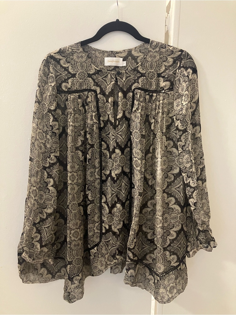 Zimmermann Silk Black Tan Patterned Sheer Long Sleeve Blouse Shirt Top Sz 1 S.